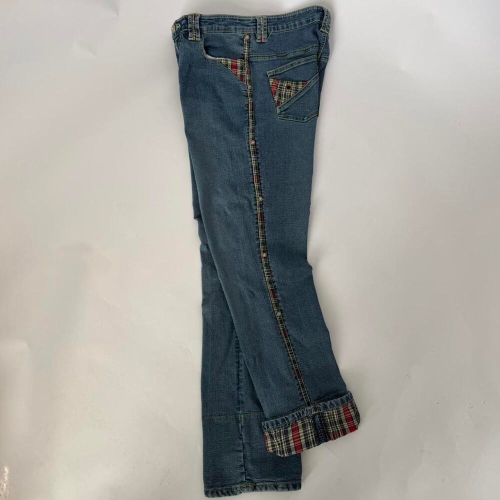 Vintage Y&L Denim Jeans w/ Plaid Panels & Studs Down The Sides